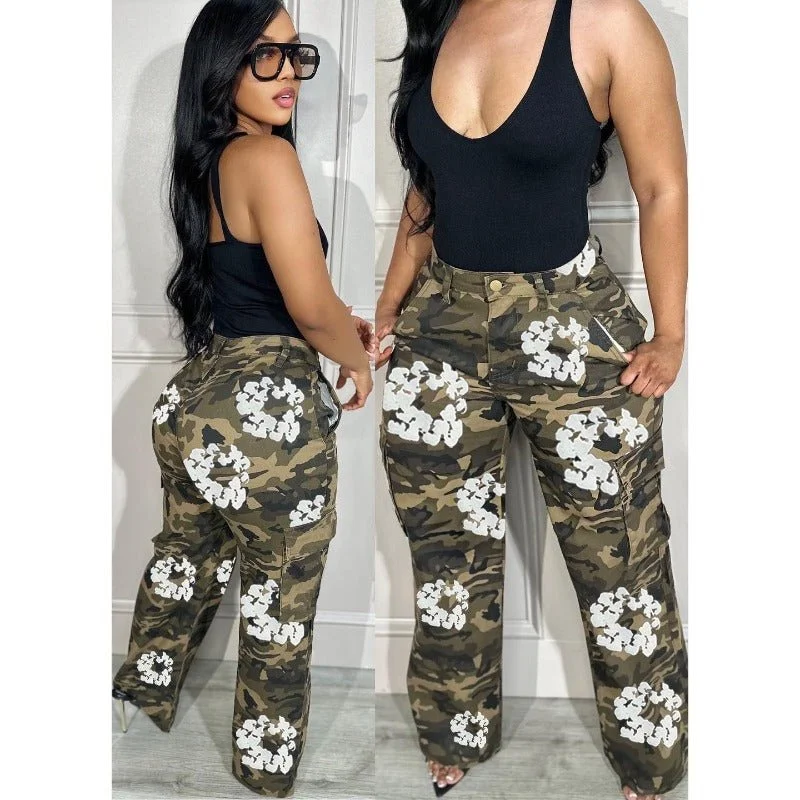 2024 Spring Print Camouflage Cargo Pants Fashion Button Fly High Waist Loose Casual Straight Trousers Female Streetwear Bottoms Trousers Canvas Durable