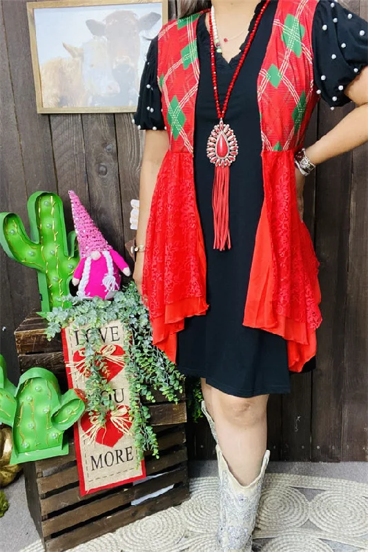 XCH15320 Red/green printed w/red lace irregular bottom with red lining women vest/cardigan Boxy Cardigan Fitted Cardigan A-Line