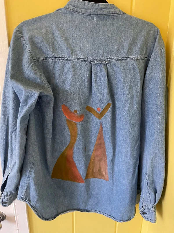 Female Figure Art- Hand Painted Denim Jacket Boat Neck Shawl Collar Notched Collar