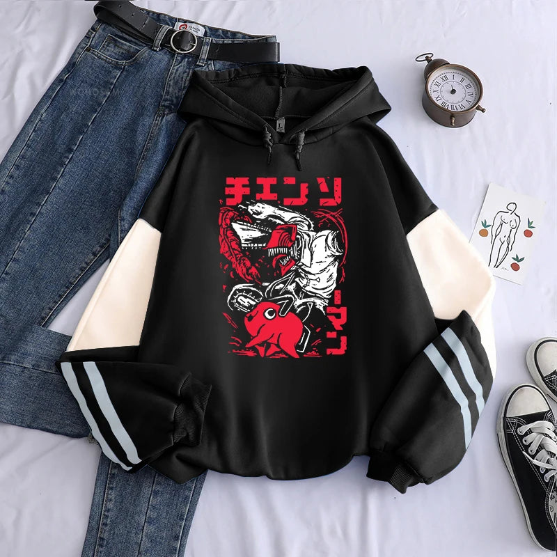 Japan Anime Chainsaw Man Pochita Hoodies Women Harajuku Retro Cartoon Pullovers Streetwear Long Sleeve Gothic Mens Sweatshirts Boat Neck Sweater