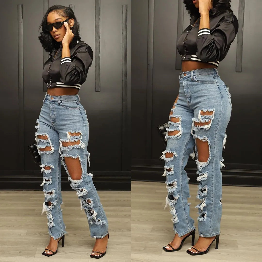 Sexy Ripped Jeans Woman Baggy Women Denim Pants Holes Destroyed Broken Vintage Female Pants Trousers Distressed Designer Jeans Trousers New Arrival