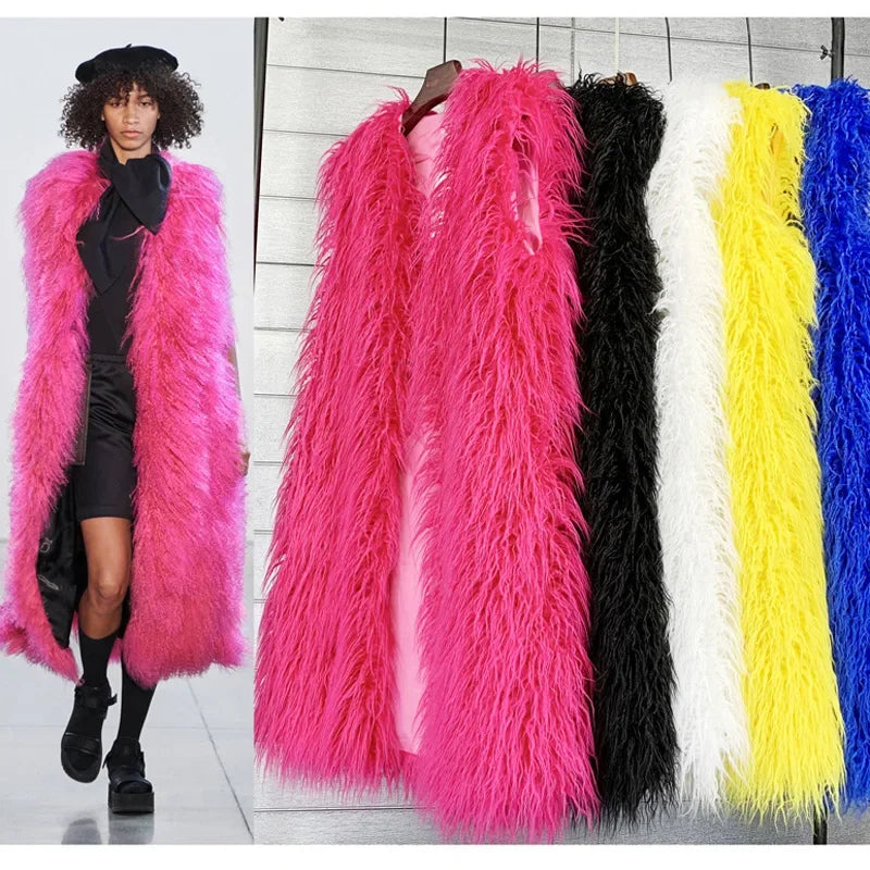 Faux Fur Women Long Vest Colorful Warm Faux Fur Big Size Plush Coats Female Jacket Autumn Winter Furry Tiered Jacket Buttoned Jacket Zippered Jacket