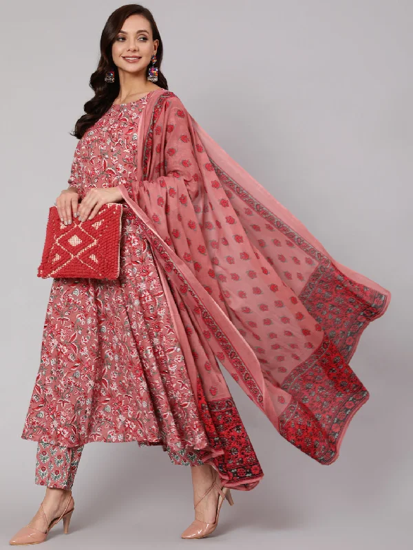 Women Pink Floral Printed Flared Kurta With Trouser With Dupatta Trousers Business Professional