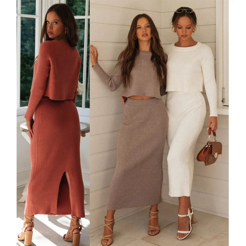 Knitted 2 Pieces Set Women Pullovers Sweater Crop Tops & Knitted Skirts Bodycon Office Lady Skirts 2PCS Suits 2022 Winter Cloth Ruffle Sleeve Feminine