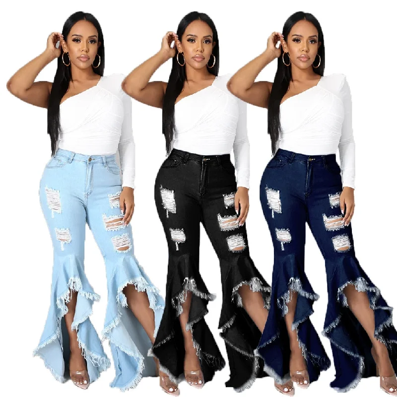 Ripped Hole Flare Jeans Women Bell Bottom Jean Fashion High Waist Wide Leg Pants 2021 Summer Tassel Denim Trousers Trousers sophisticated sleek