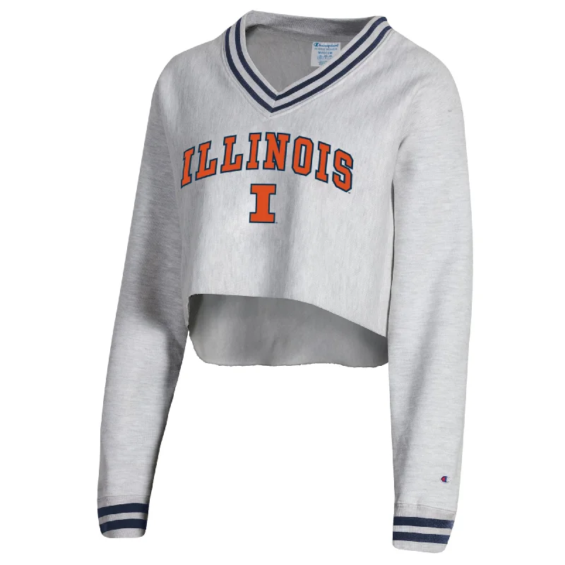 Illinois Fighting Illini Women's Champion Grey Cropped V-Neck Sweatshirt Hoodie Jacket Zipper Layering