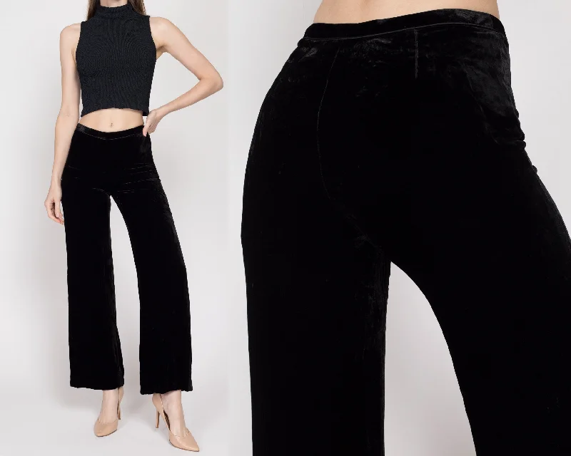 XS 90s Black Silk Velvet Mid Rise Trousers Trousers Tapered Slim Fit