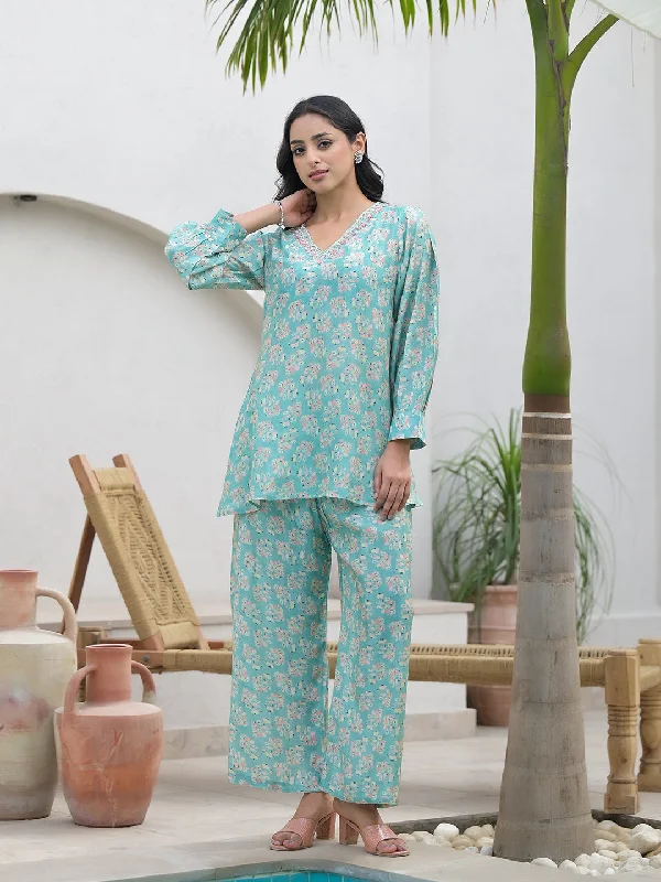 Divena Green Embroidered V-Neck Top With Trousers Co-Ords Trousers Flared Retro