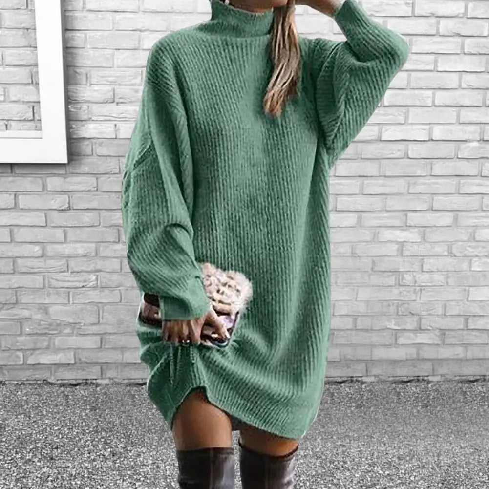 Fashion Midi Dress Coldproof Knee Length Women Winter Knitted Solid Color Pullover Knitting Dress Solo Sleeve Pullover