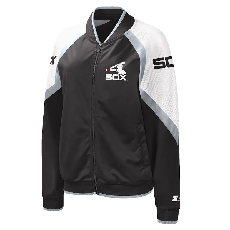 Women's Chicago White Sox Starter Cooperstown Collection Black Batterman Full Zip Track Jacket Zippered Front Buttoned Front Snap Front