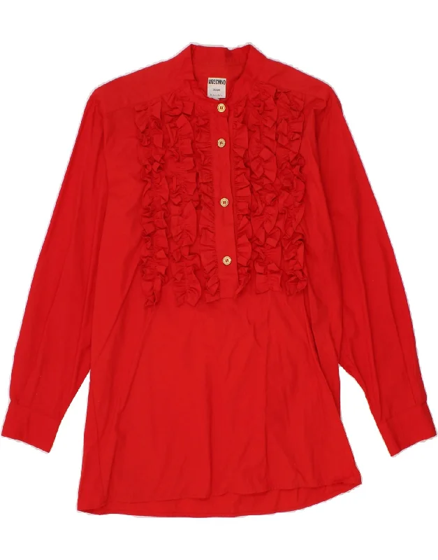 MOSCHINO Womens Longline Ruffle Front Pullover Shirt UK 14 Medium Red Shawl Collar Sweater