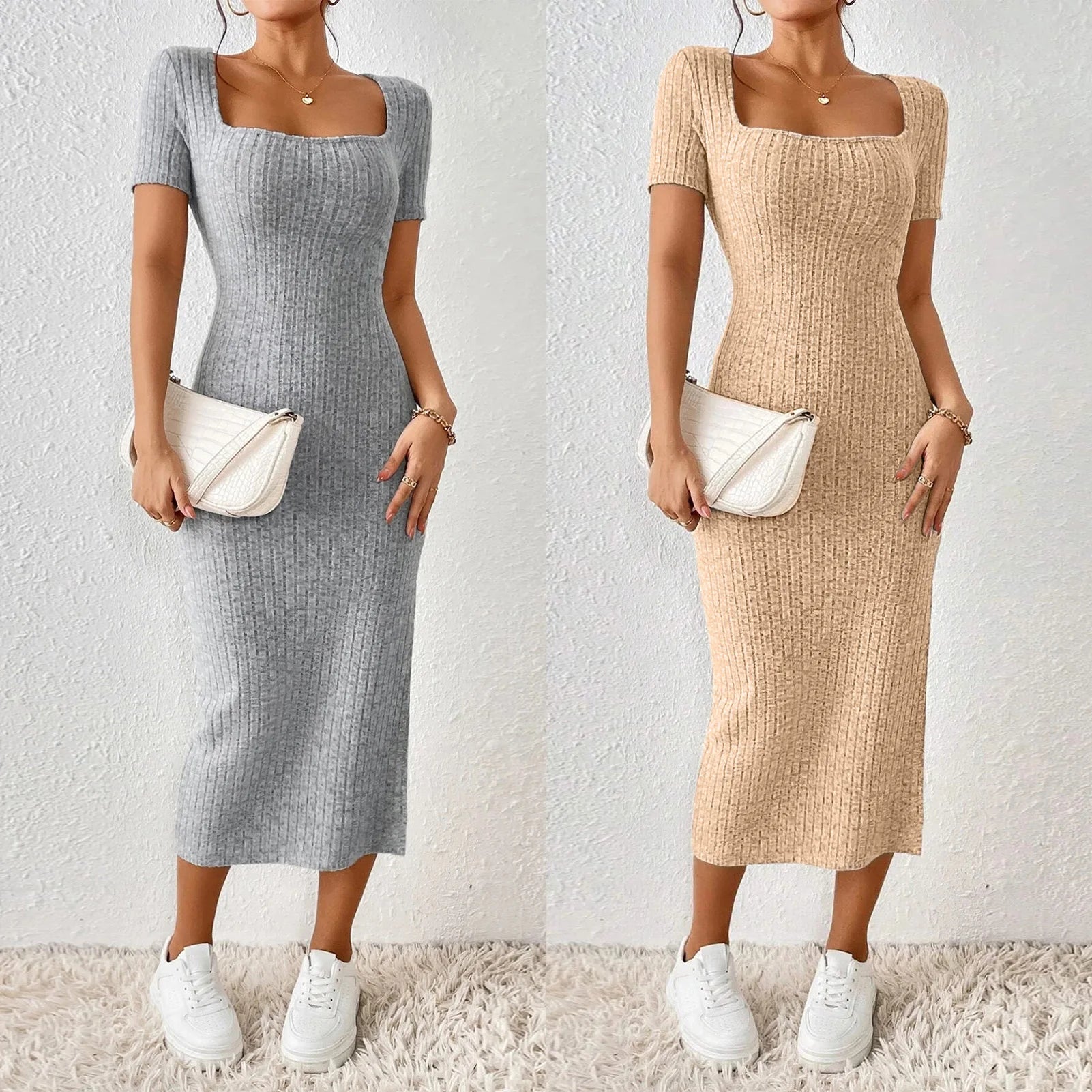 Women Short Sleeve Dress Soft Knitted Elegant Bodyon Dress Casual Skinny Slim Fit Pullover Commuting Midi Dress Jewel Neck Pullover