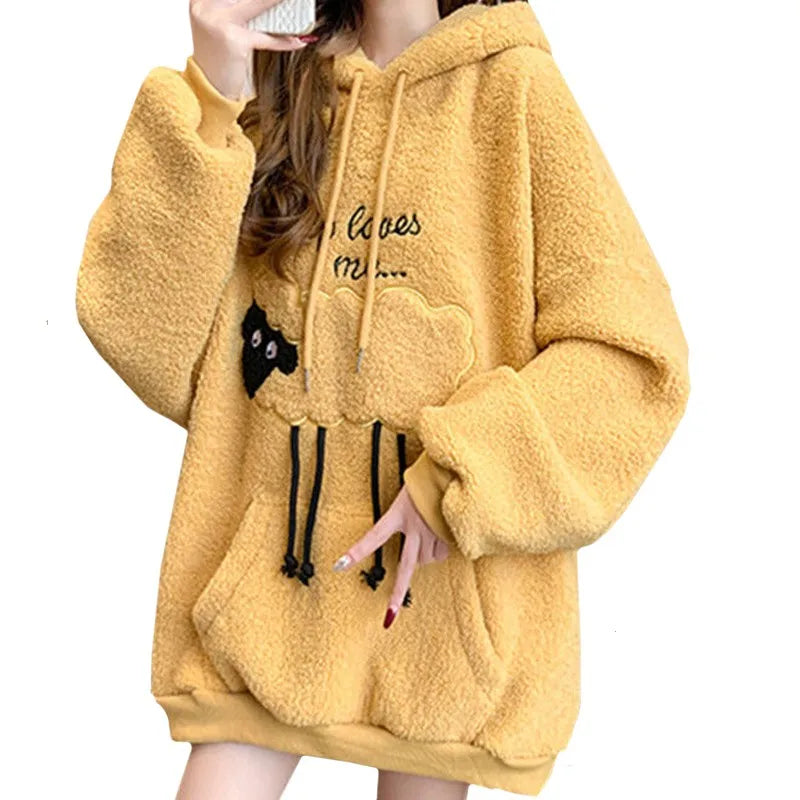 Winter Thick Lamb Wool Casual Women Hoodie Yellow Loose Lady Sweatshirt Embroidery Cartoon Cute Little Sheep Pullover Female dolman Sleeve Top