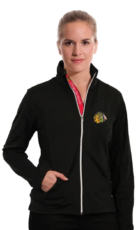 Women's Chicago Blackhawks Levelwear Aurora Script Full Zip Jacket-Black Satin Jacket Silk Jacket Chiffon Jacket