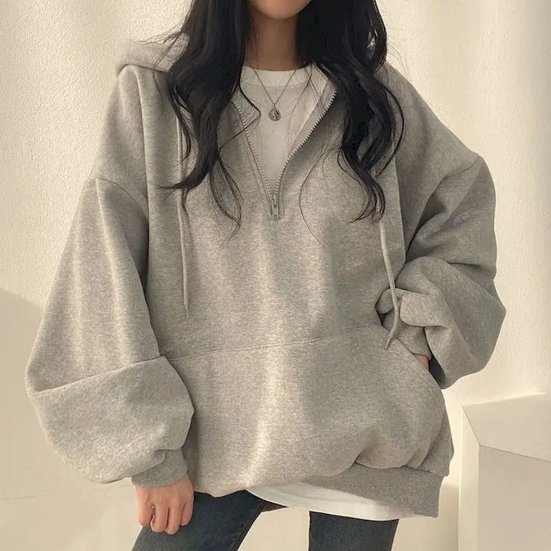 Trendy Oversized Zipper Hoodie for Women – Casual Solid Color Sweatshirt, Perfect for Autumn/Winter Fashion Oversized Hoodie Comfort Casual