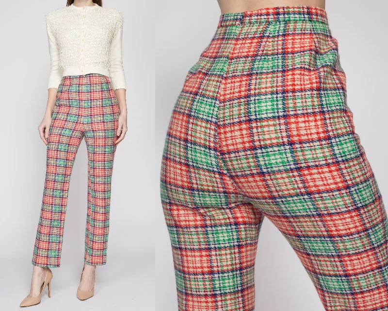 Small 60s Red & Green Plaid Side Zip Trousers 26" Trousers Velvet Soft