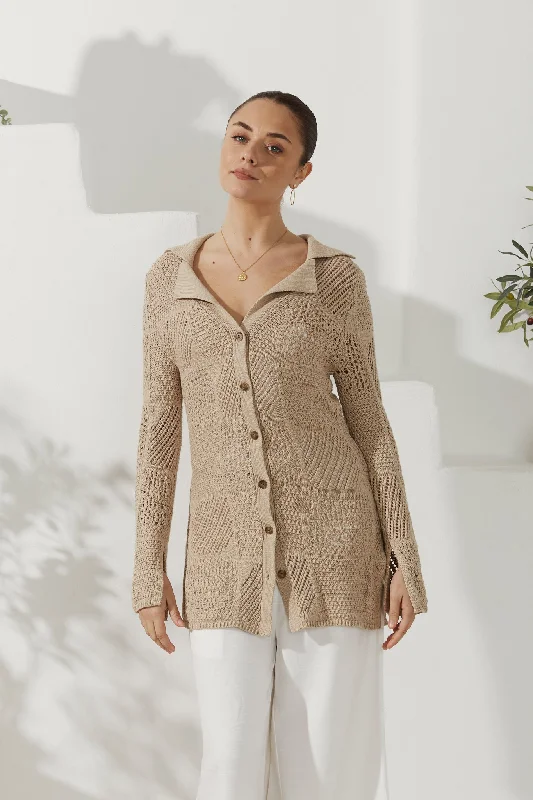 Kaori Beige Crochet Knit Cardigan Fitted Loose Oversized