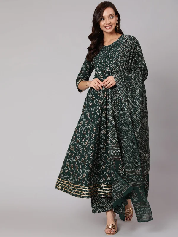 Women Green Printed Flared Kurta With Trouser And Dupatta Trousers Office Stylish