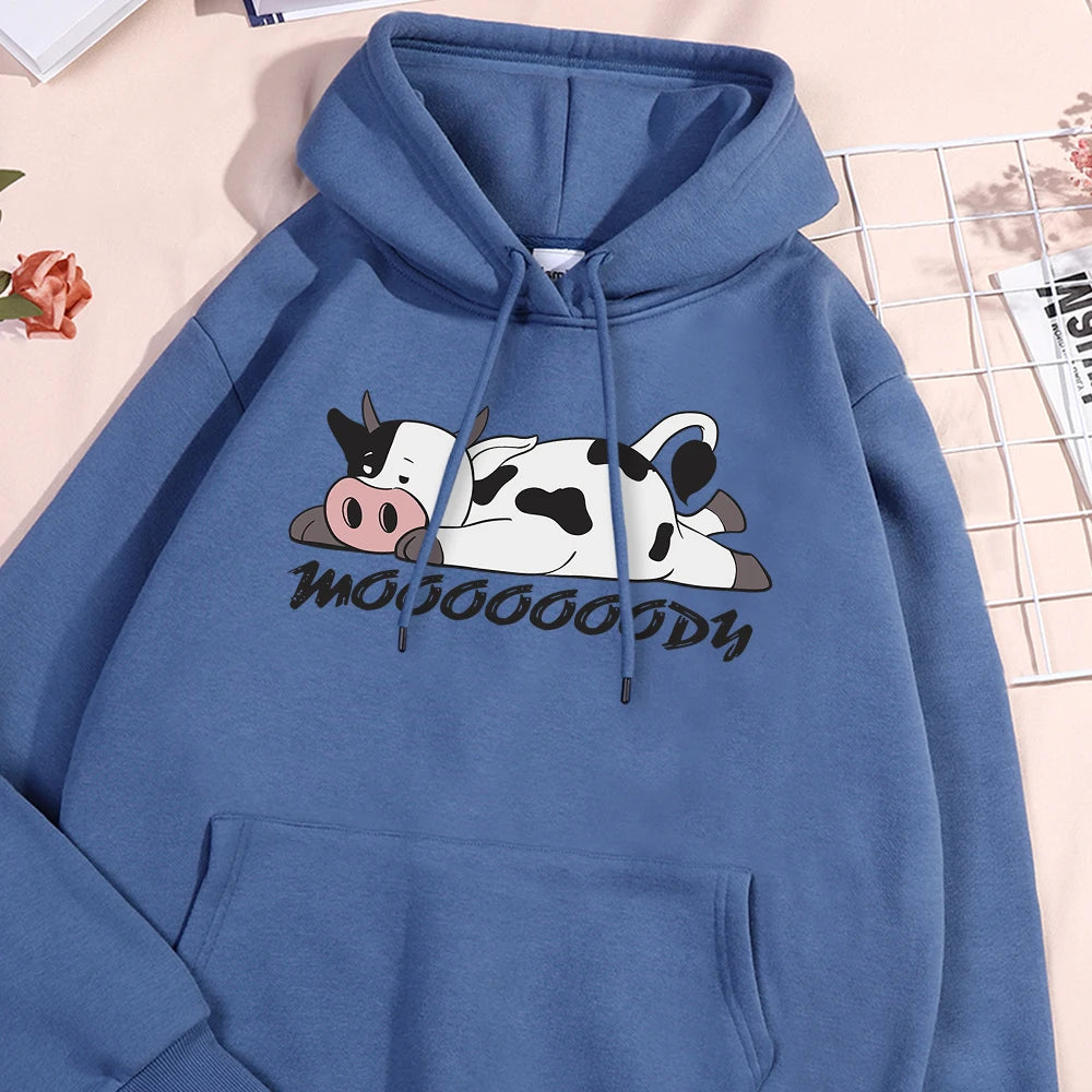 Kawaii Spotted Cow Printing Hoodie Women's Autumn Loose Hoody Casual Fleece Sweatshirt Crewneck Pullover Clothing Leg Sleeve Comfort