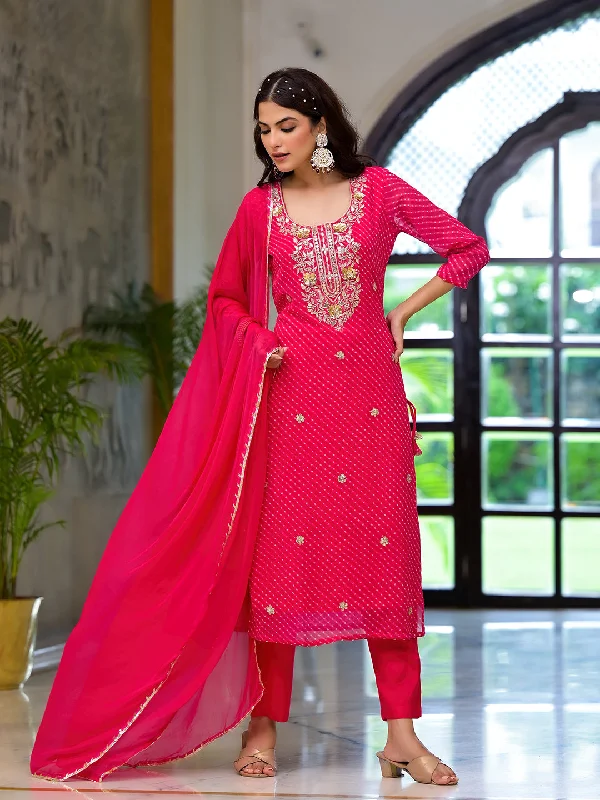 Divena Pink Leheriya Print Georgette Fabric Straight Kurta & Trouser with Dupatta Trousers Print Floral