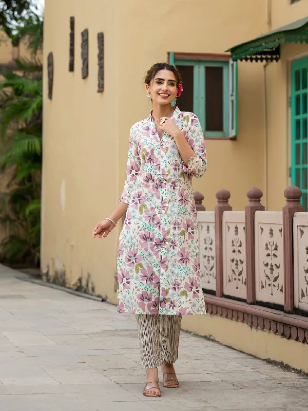 Divena Lavender Floral Print Pure Cotton Straight Kurta with Trouser Trousers Solid Black