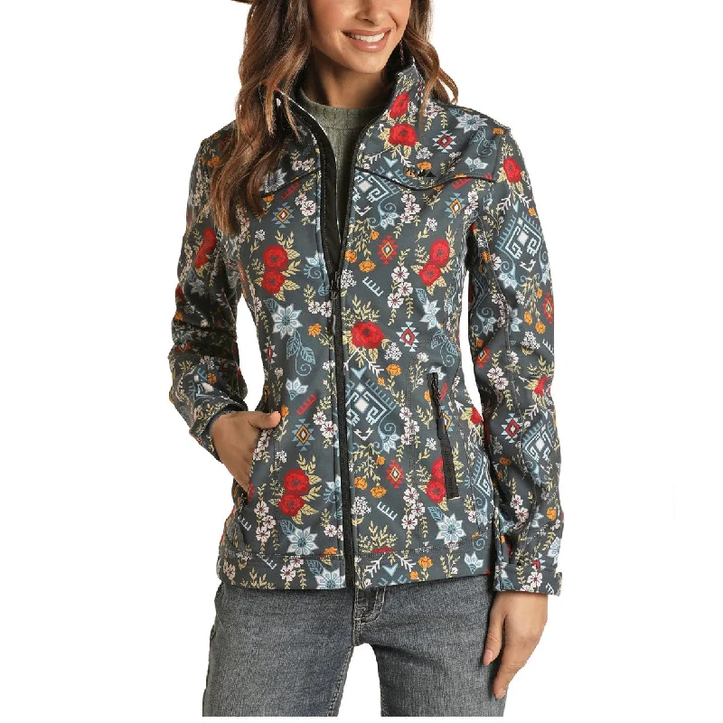 Powder River Outfitters Ladies Floral Aztec Charcoal Softshell Jacket 52-1052-02 Front Pockets Side Pockets Patch Pockets