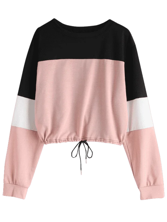 Cute Drawstring Color Block Pullover Sweatshirt High Neck Pullover