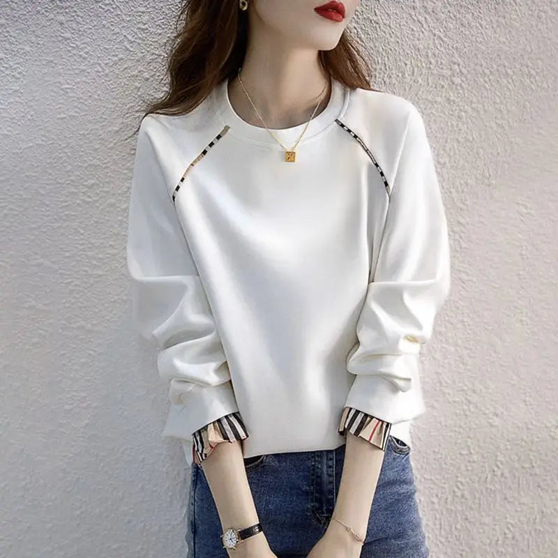 Thin Pure Cotton Sweatshirt Women Spring Autumn Korean Version Hatless Pullover Long Sleeve Round Neck Fake Two Piece Top Box Sleeve Comfort