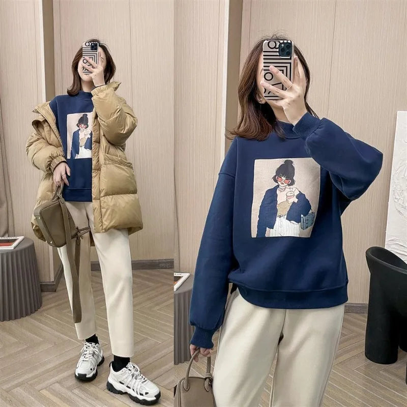 Autumn and Winter Women's Round Neck Long Sleeve Loose Pullovers Printed All Match Korea Fashion Casual Office Lady Tops Slim Sleeve Pullover