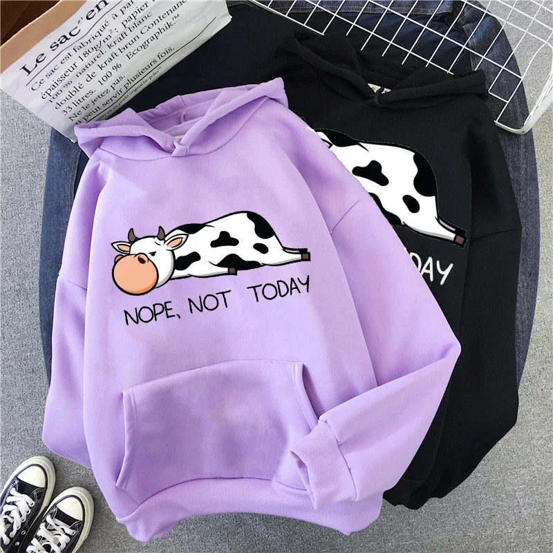 Nope Not Today Kawaii Women Sweatshirts 2021 Spring Autumn Women's Pullovers Hoodie Funny Cows Print Hoodies Hip Hop Streetwear Lantern Sleeve Elegant