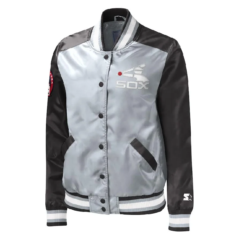 Women's Chicago White Sox Starter Cooperstown Collection Black Batterman Satin Button Down Jacket Front Pockets Side Pockets Patch Pockets