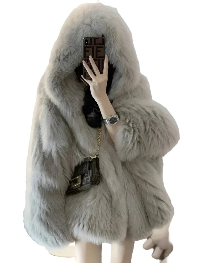 Winter Jackets Faux Fur Coat Women Korean Coat Hooded Fur Jacket Welt Pockets Slit Pockets Flap Pockets