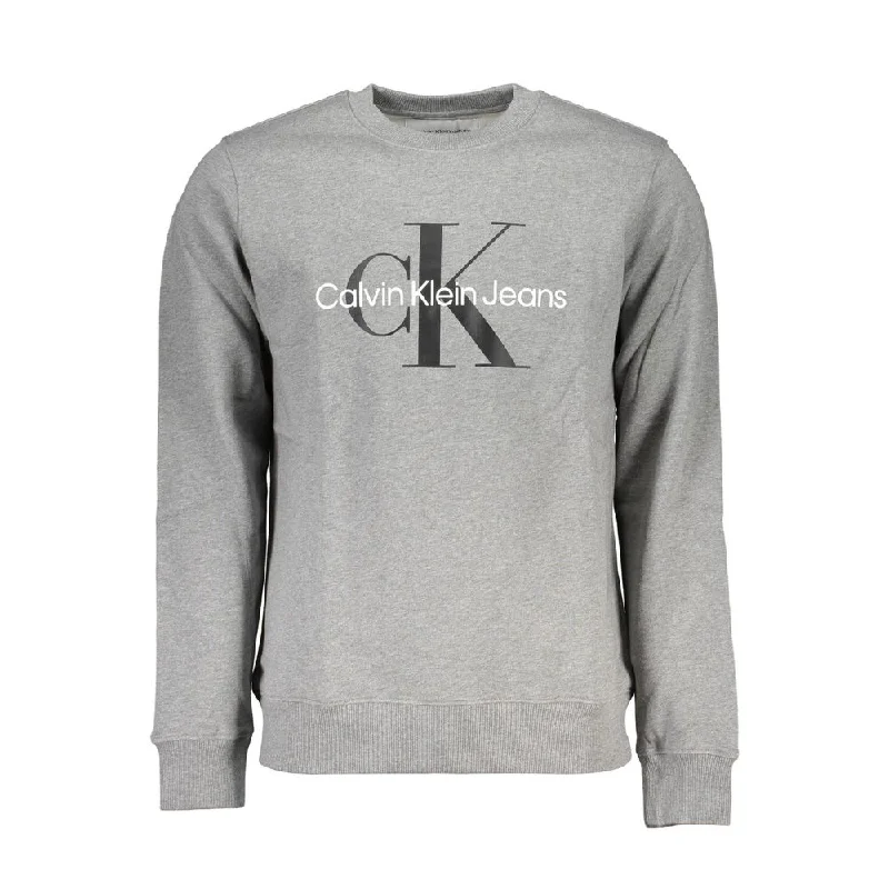 Classic Gray Crew Neck Sweatshirt With Logo Hoodie with Hem Elastic Stretchable Comfortable