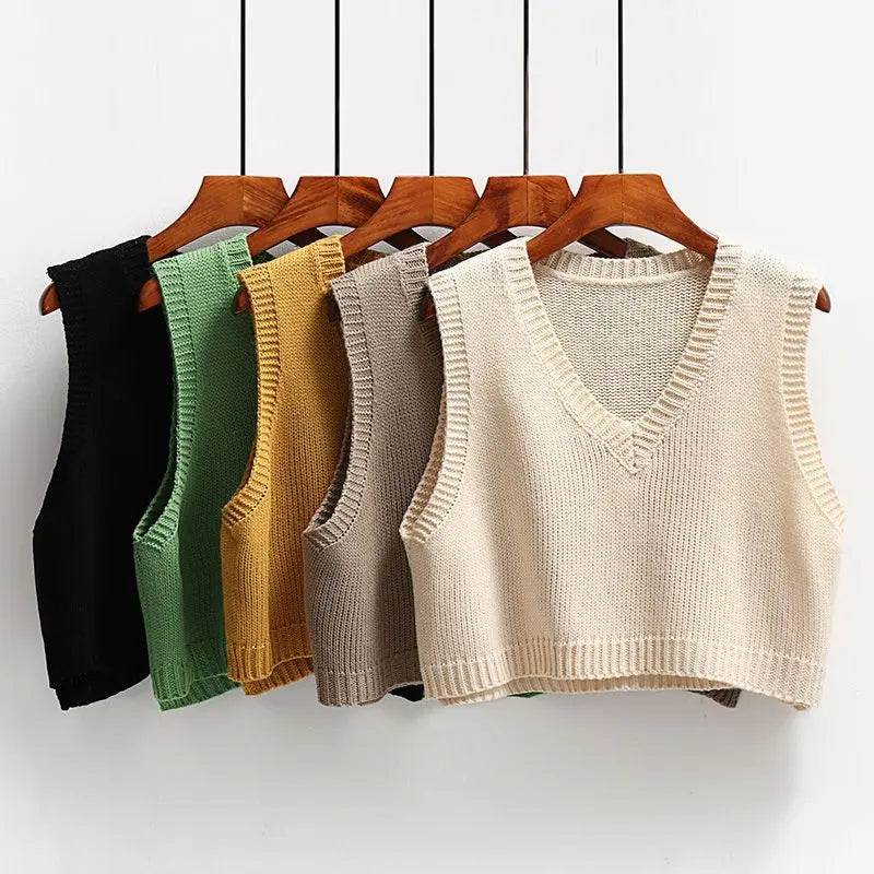 V-neck Knitted Vest Women's Retro Preppy Style Versatile Wear Solid Color Cropped Pullover Sleeveless Sweater Chunky Knit Pullover