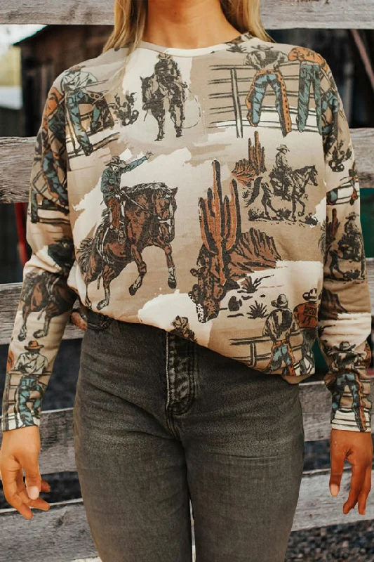 Western Print Pullover Top High Neck Pullover