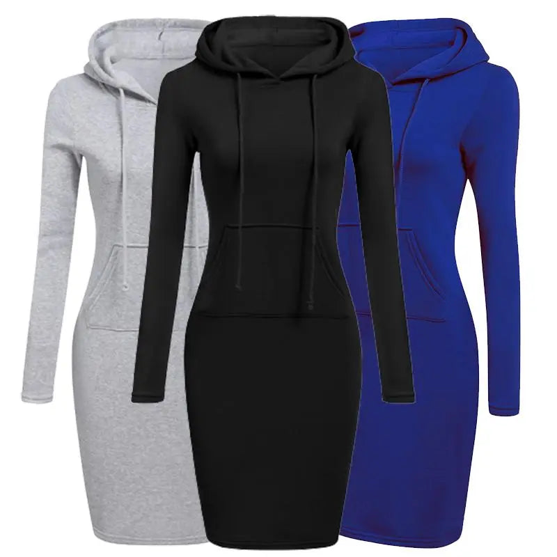 Autumn Winter Women Sportswear Hoodies Long dress Sweatshirts Patchwork Fashion Pullovers Pocket Hoodie Causal  Female Clothing Plunging Neck Pullover