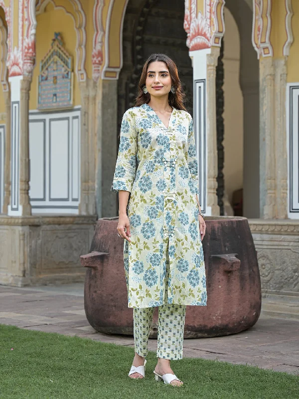 Divena Green Floral Print Pure Cotton Straight Kurta with Trouser Trousers Pleated Formal