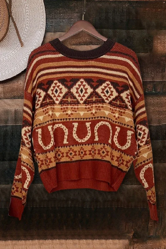 Western Pattern Pullover Sweater Fine Merino Wool