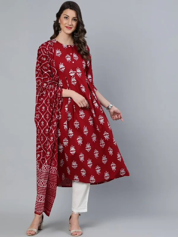 Women Maroon & Silver Printed Box Pleated Kurta With Trouser  & Dupatta Trousers Evening Elegant