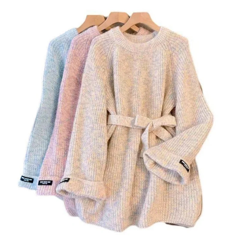 Elegant Matching Office Lady's Knitted Dress Korean New In Women's Sweater Dress Sash O-Neck Long Sleevet Pullover Chic Knitwear Button Front Sweater