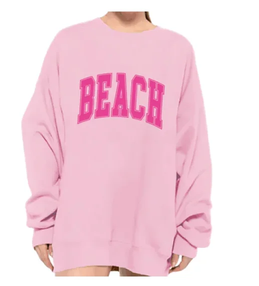 BEACH CREW NECK SWEATSHIRT - PINK Hoodie with Hem Contrast Bold Stylish