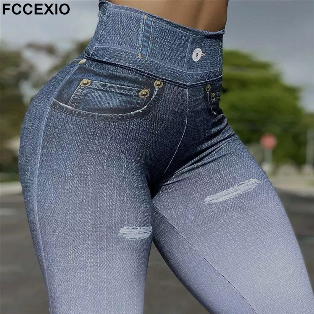 FCCEXIO Ripped Jeans 3D Print Women Pants Push Up Running Sports Leggings Slim Pants Female Casual Trousers Fitness Sexy Legging Trousers Bestseller Popular