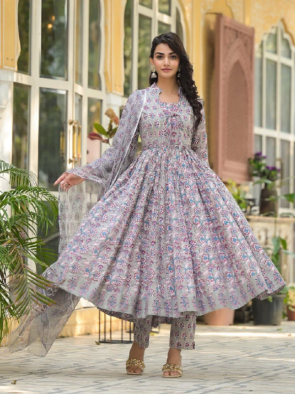 Divena Grey Floral Print Cotton Anarkali Kurta Trouser with Dupatta Set Trousers Striped Patterned