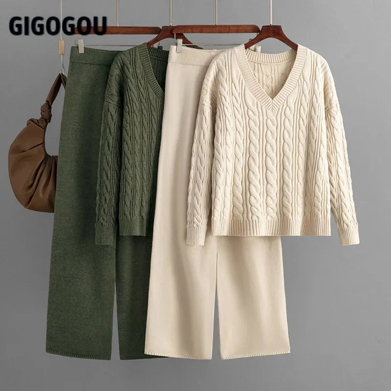 GIGOGOU Cable Twist Womens Sweater Tracksuits V Neck Knitted Pullover Sweaters + Wide Leg Pants Suits 2/Two Pieces Sets Trousers Over Sleeve Pullover