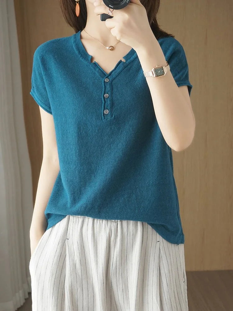 TuangBiang Summer Cotton Retro Pullover 2023 Vintage Button V-Neck Short Sleeves Knit T-Shirts Women Autumn Thin Blue Cuffs Tops Fitted Ribbed Sweater