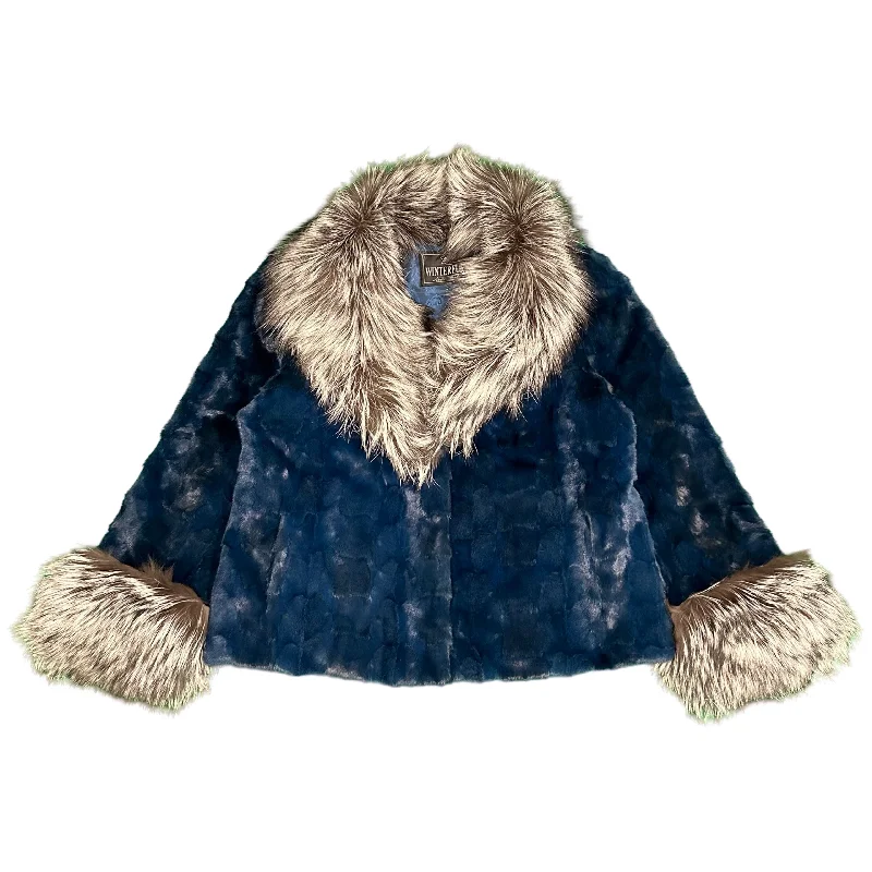 Kashani Women's Navy Diamond Cut Mink Silver Fox Fur Jacket Knit Jacket Woven Jacket Fleece Jacket