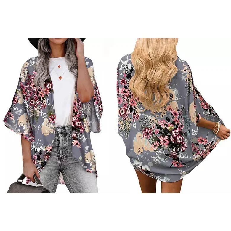 Women's Summer Kimono Cardigan Cover Up in Leopard and Floral Nylon Fabric Polyester Fabric Spandex Fabric