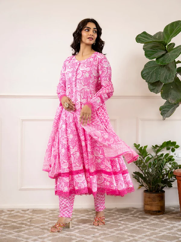 Divena Pink Floral Print Cotton Anarkali Kurta Trouser with Dupatta Set Trousers Capri Summer