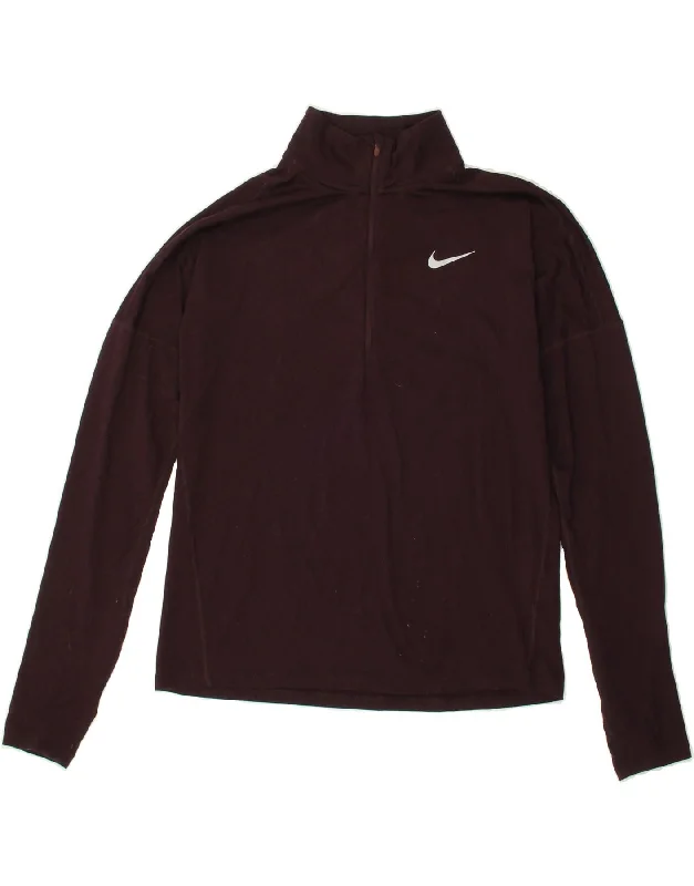 NIKE Womens Dri Fit Zip Neck Pullover Tracksuit Top UK 10 Small Maroon Wide Sleeve Pullover