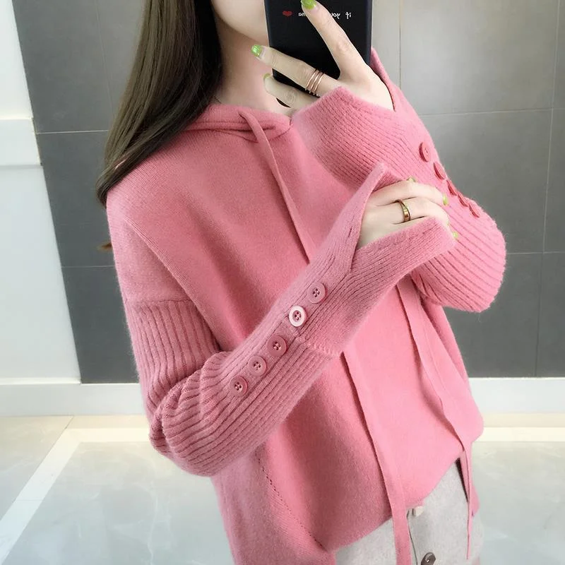 Winter Women Hooded Loose Solid Button Knitwear Pullover Oblong Neck Pullover